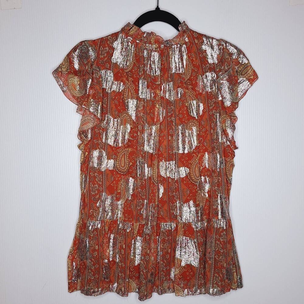 Anthropologie Let Me Be Vanna Shimmer Paisley Top Flutter Sleeve Pleated Medium - Picture 10 of 11